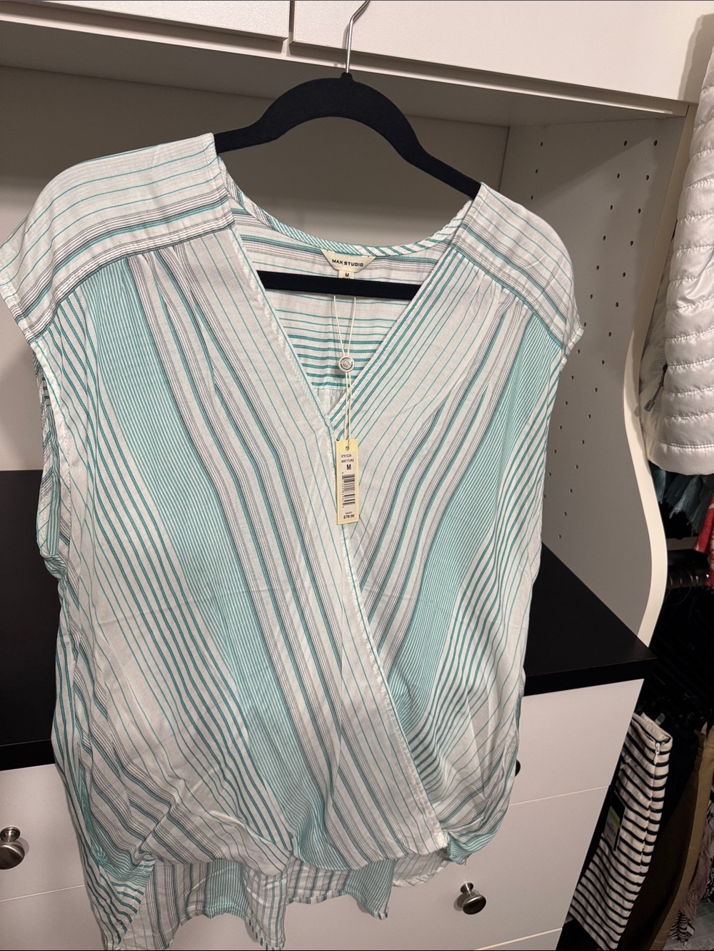NWT Max Studio Mint and White Striped Sleeveless Wrap Top